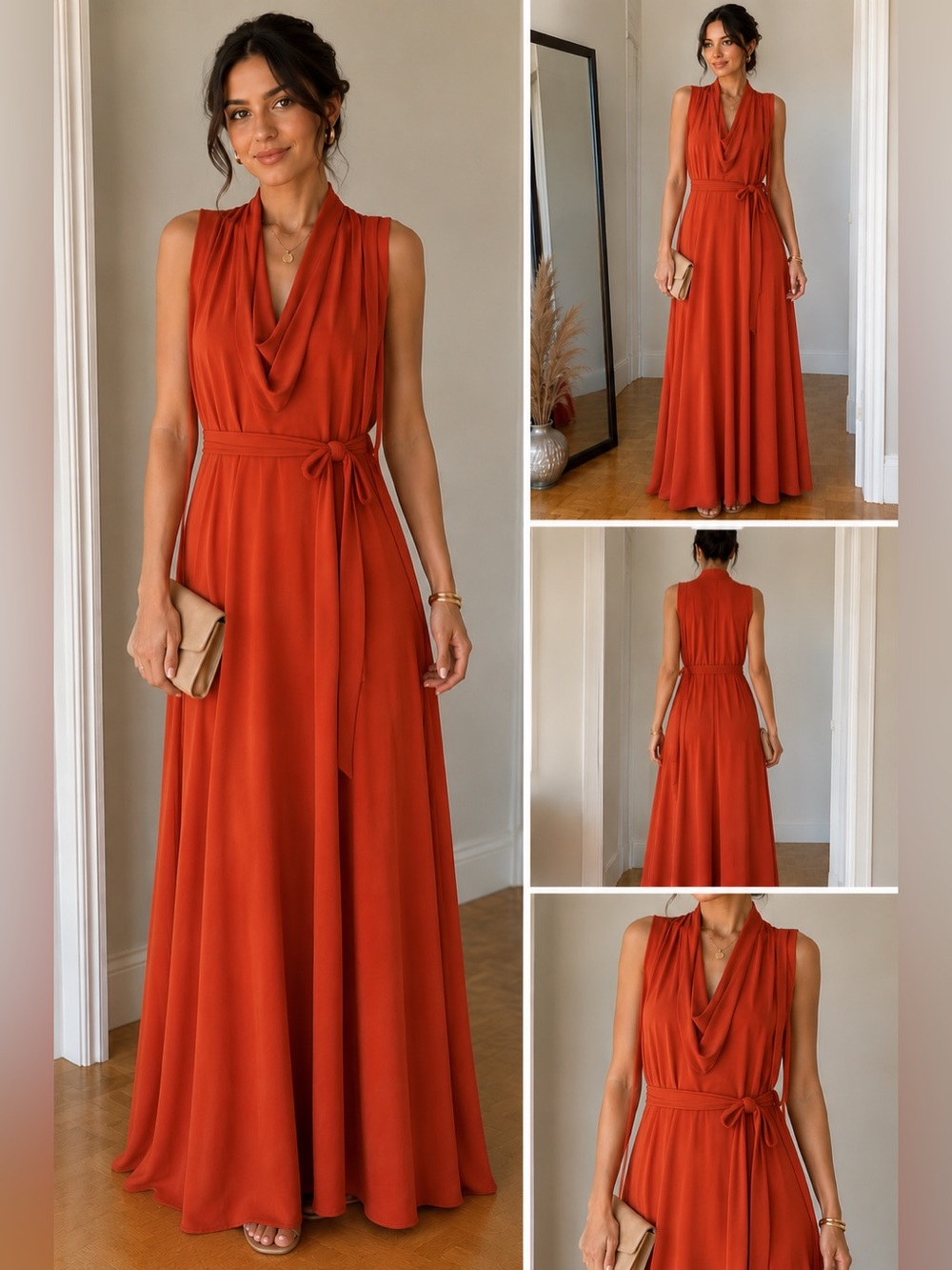 Rust Orange Maxi Dress – Elegant Sleeveless Draped Dress